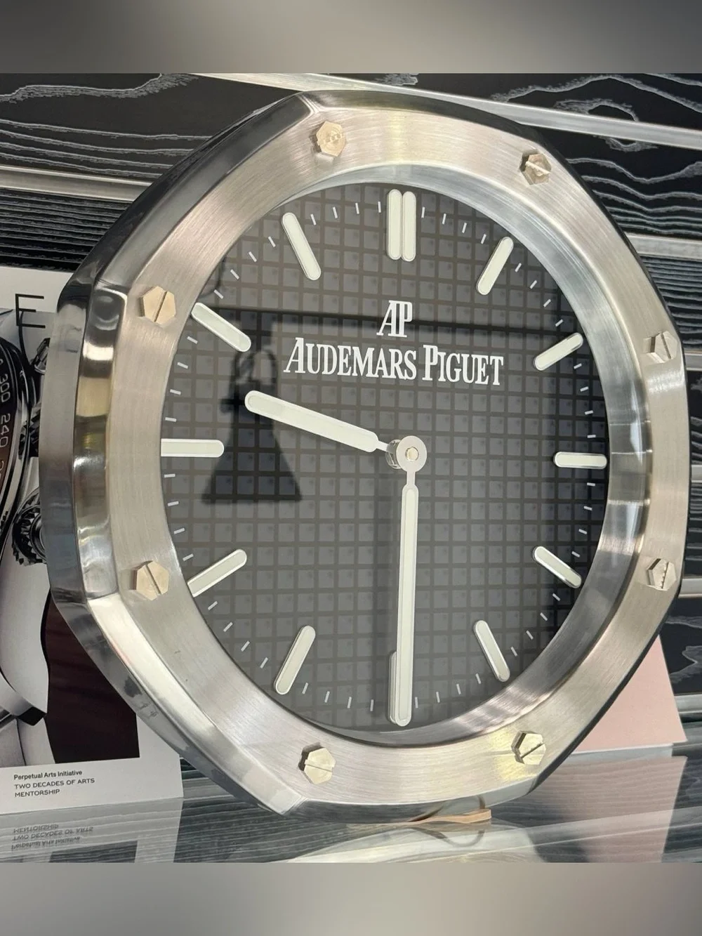 AP Royal Oak Wall Clock | Silver Bezel Insert | Black Dark Dial Face